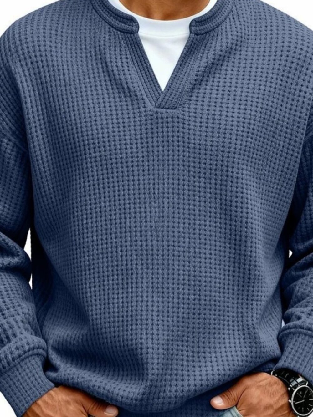 Men's Navy Blue Long Sleeve Pullover Shirt Size M – Casual Acrylic Knit Top